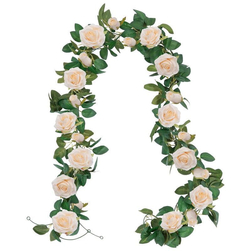 U'Artlines 3 Pack Artificial Champagne Rose Vines Floral Garlands Total 19.5 Ft Fake Vine Silk Flower Garland for Indoor Outdoor Home Wedding Arch Garden Wall Decoration - Image 1